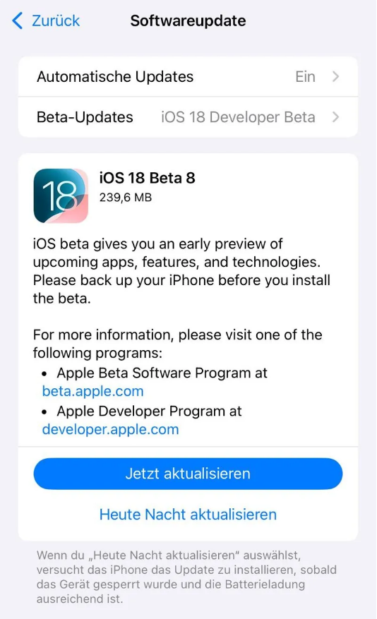 饶河苹果手机维修分享苹果 iOS / iPadOS 18 开发者预览版 Beta 8 发布 